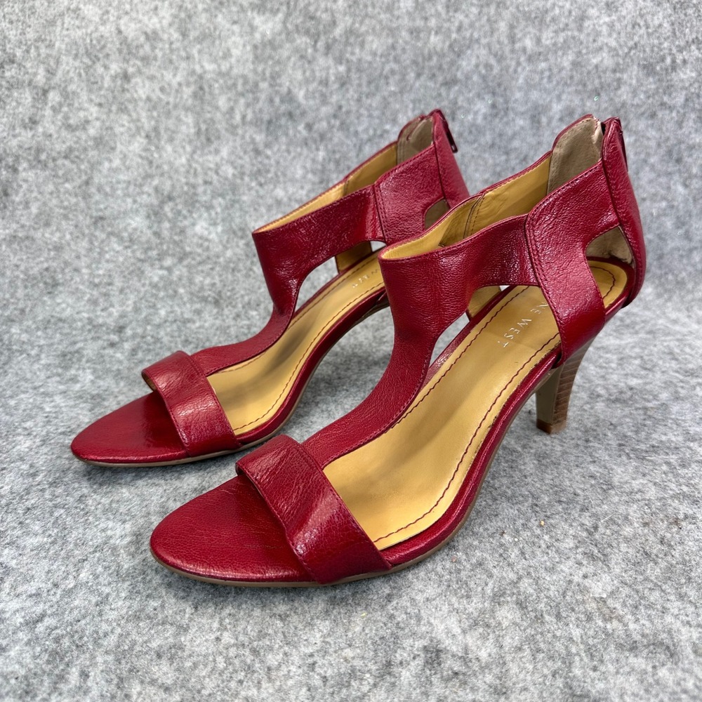 Nine West Womens Red Leather Wedge Sandals Size 8 T Strap Comfort Back Zip - Picture 3 of 14